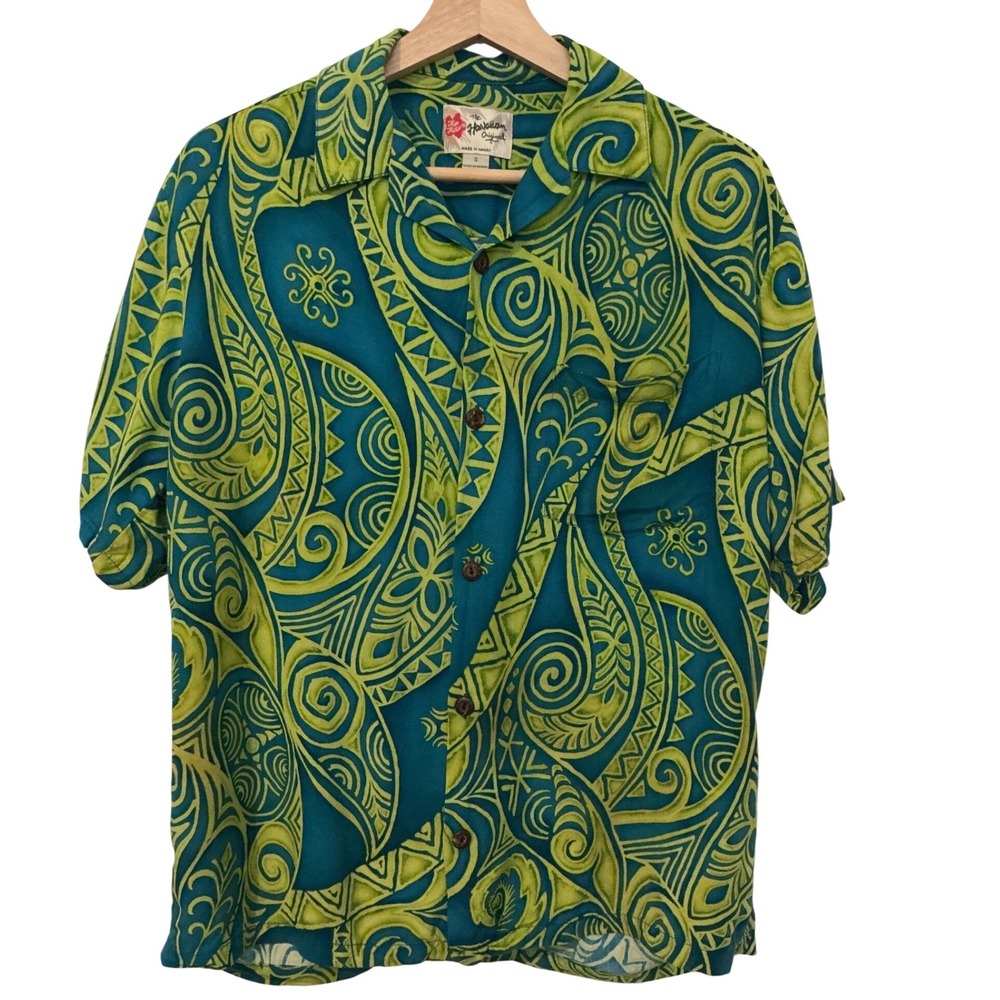 Hilo Hattie Hawaiian Shirt Mens Small Teal Green Excellent Tribal Coconut Button